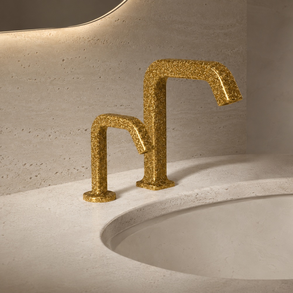 Hammered gold square arched faucet model with matching soap dispenser installed on a cream stone bathroom vanity with curved basin and warm backlit mirror.